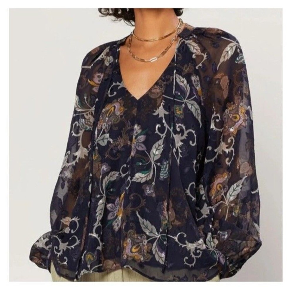 Anthropologie Current Air Top Womens M Floral Sheer Metallic Burnout Blouse Boho
